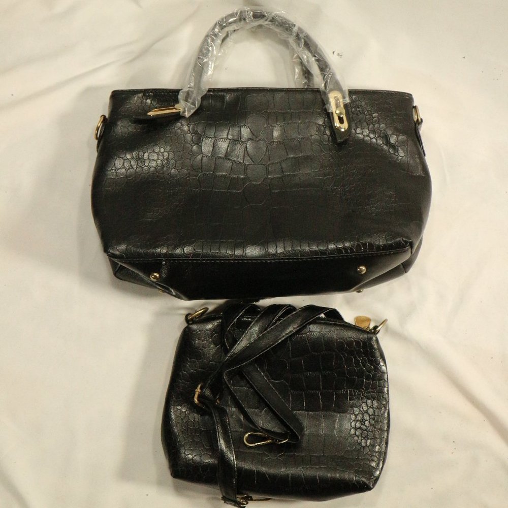 Black Vegan Croc Print Handbag + Crossbody Purse Set New